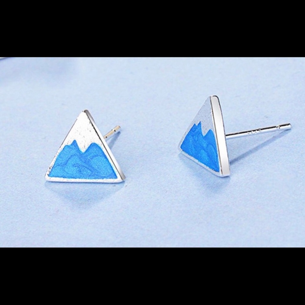 Snowcapped Mountain Peak Blue Swirl Shimmer Enamel 925 Sterling Silver Tiny Stud